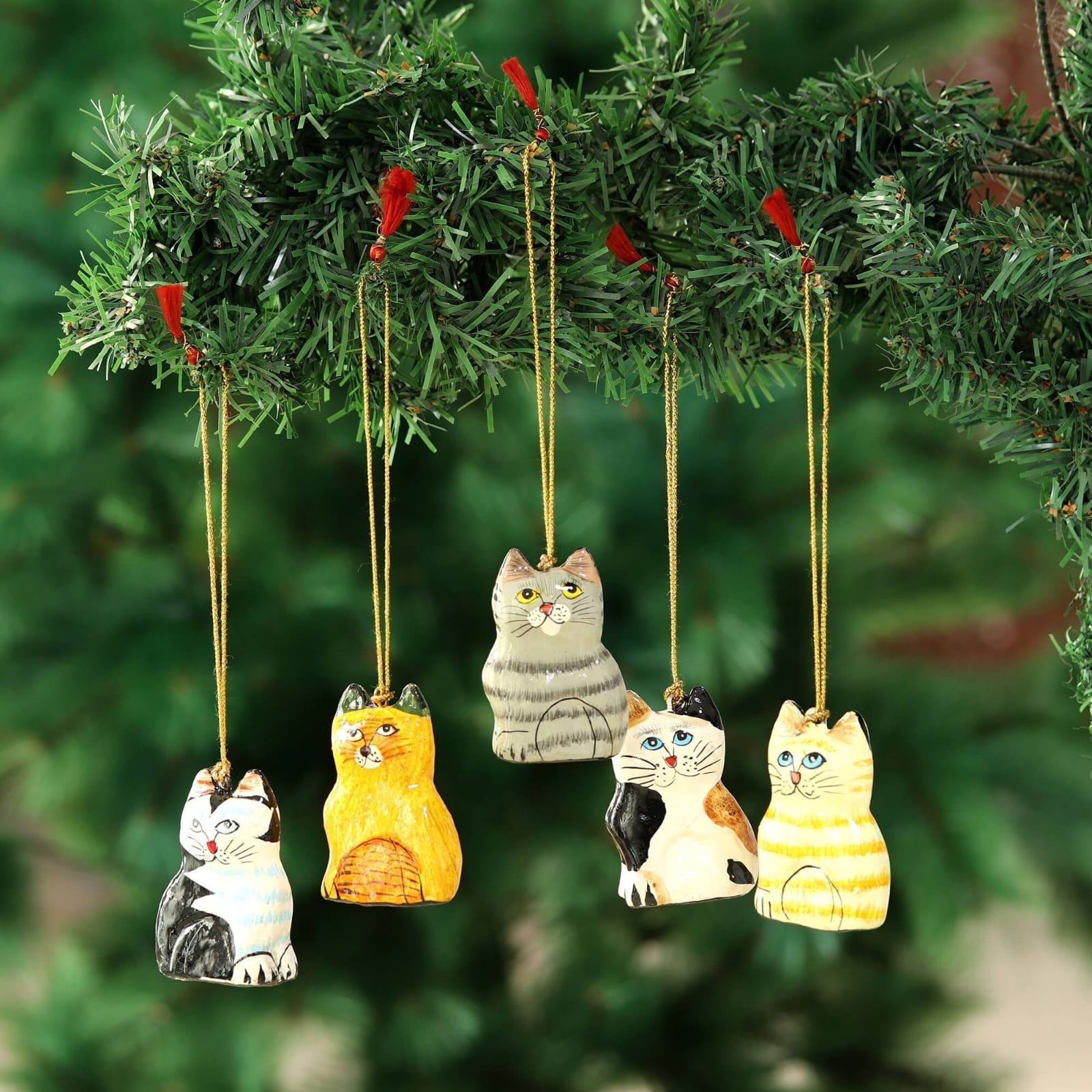Set of 5 cats,christmas hanging,Christmas tree ornament,christmas bauble,paper mache bauble,hanging cat ornament,PaperMache animal sculpture